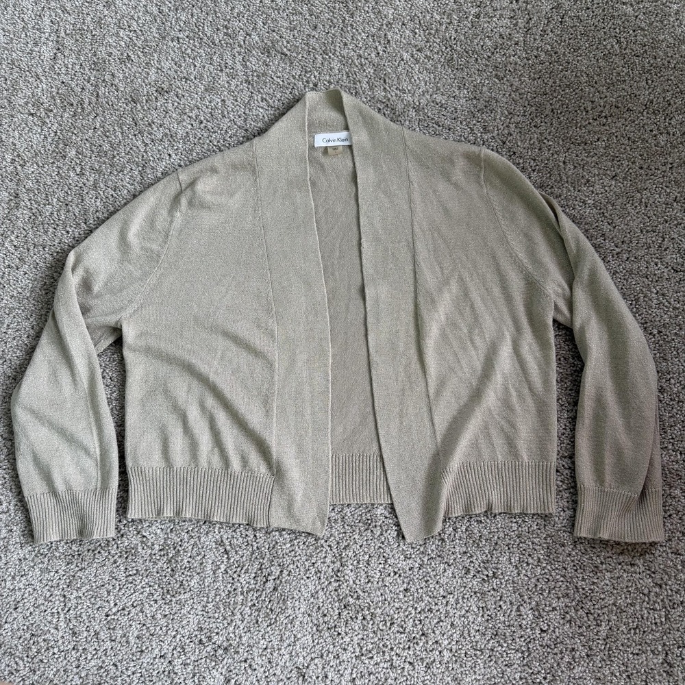 Calvin Klein Cardigan Sweater Womens Large Beige Open Front Metallic Knit